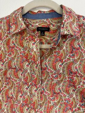 Talbots Red Paisley Button-Down Shirt with Blue Trim women’s size 6